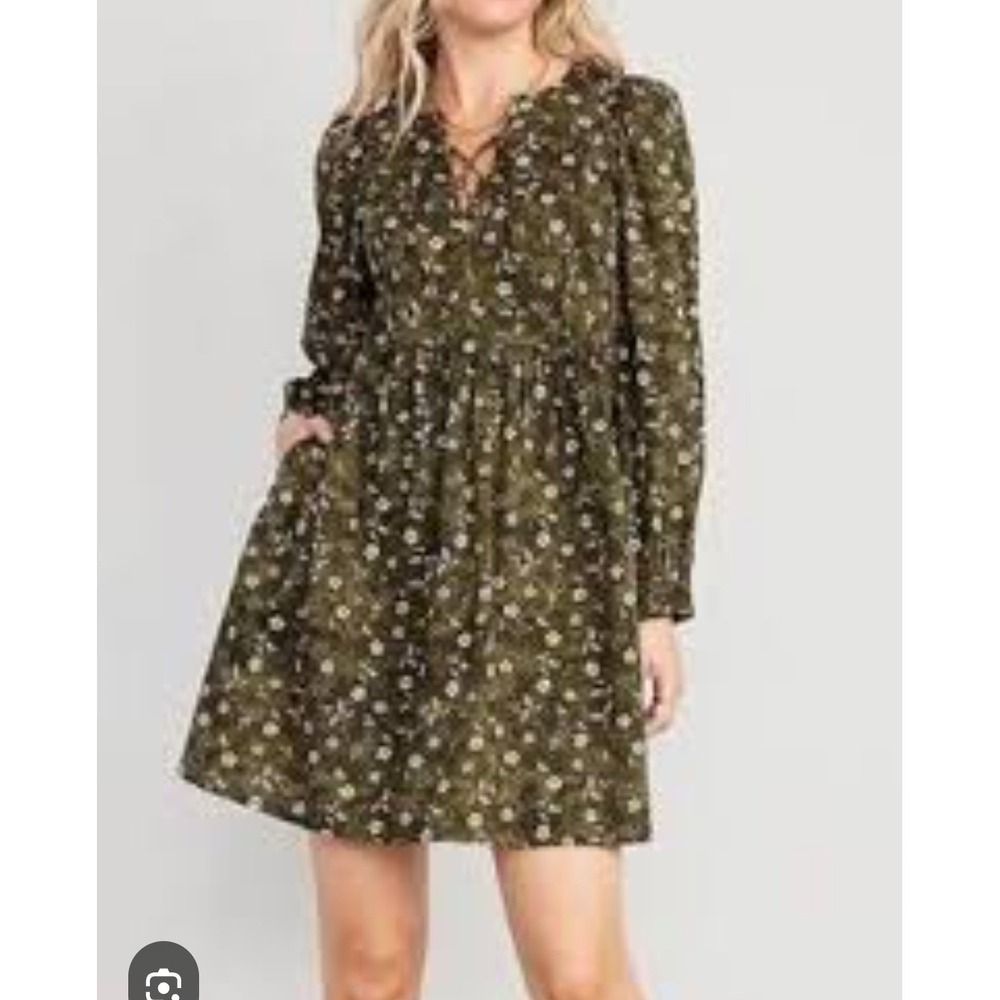 Old Navy Boho Spirit Dark Green Floral Mini Dress Long Sleeve V-Neck L 753114-01